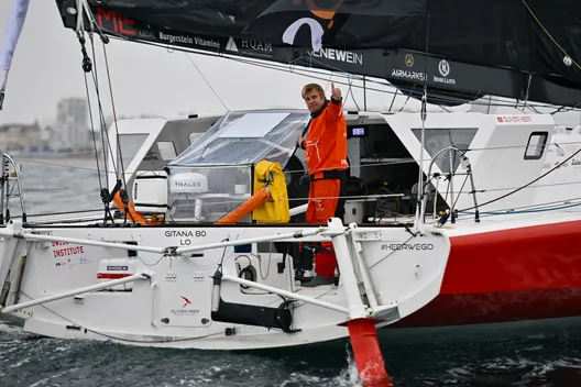 Oliver Heer (GER), skipper d'Oliver Heer Ocean Racing, est photographié lors des arrivées de la course à la voile New York-Vendée, aux Sables d'Olonne
